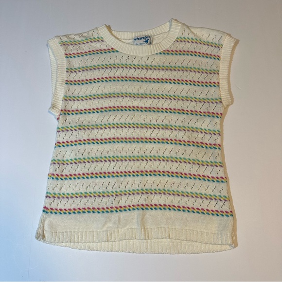 Vtg 80s Wrangler Rainbow Striped Sweater Vest Pointelle Knit - Picture 1 of 5